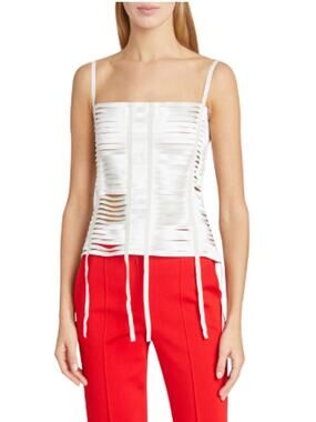 Givenchy Top 36 Fringe Ribbon Tank in White Satin Party Sexy Chic Luxury Iconic